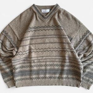 Vintage Bill Blass Tan Brown Knit Cotton Acrylic Chunky Grandpa V-Neck Sweater